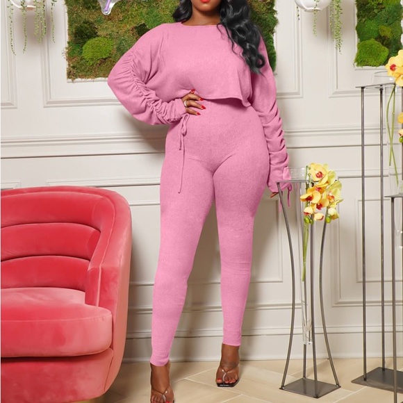 Passion of Essence Pants - Pink Ribbed 2 Piece Set Ruched Sleeve Crop Top and Long Pants Workout Set